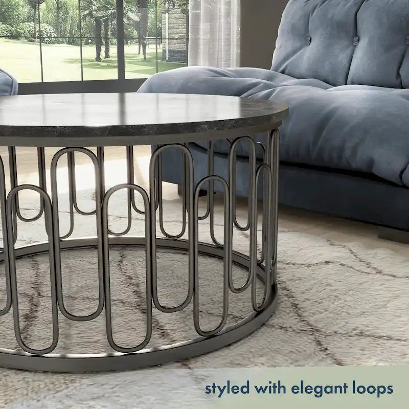 Modern Round Coffee Table with Marble Top & Decorative Iron Base