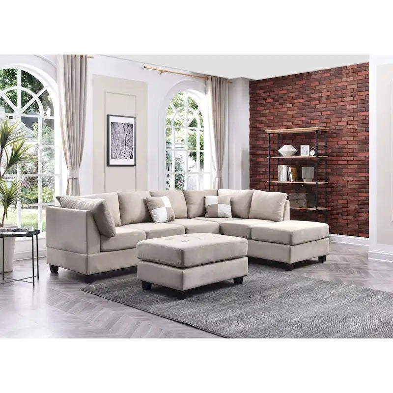 111 in. Suede 4-Seater Sectional Sofa with 2 Throw Pillows