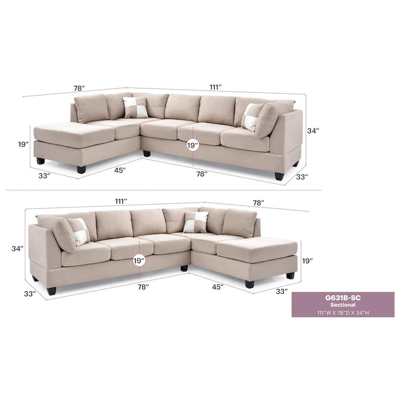 111 in. Suede 4-Seater Sectional Sofa with 2 Throw Pillows