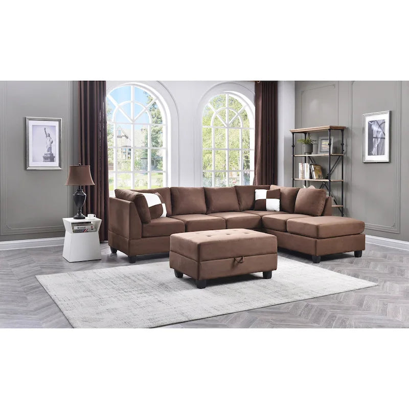 111 in. Suede 4-Seater Sectional Sofa with 2 Throw Pillows