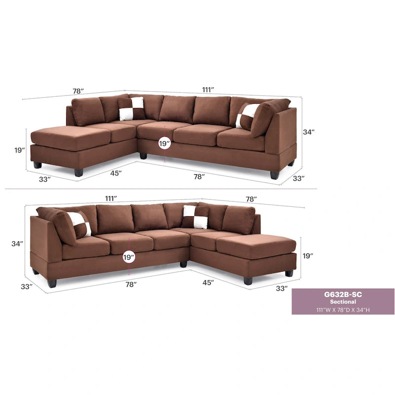 111 in. Suede 4-Seater Sectional Sofa with 2 Throw Pillows