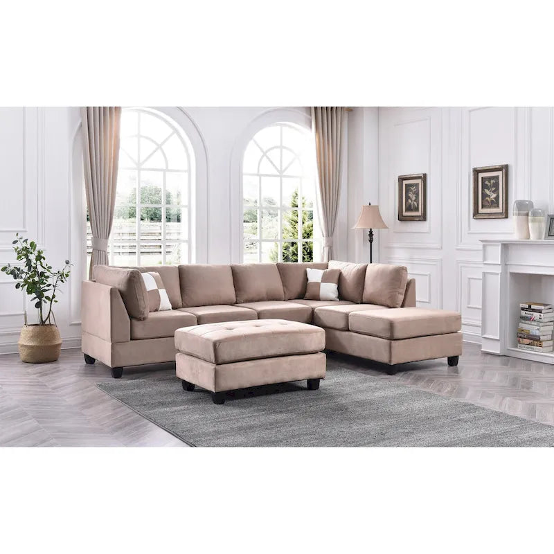 111 in. Suede 4-Seater Sectional Sofa with 2 Throw Pillows
