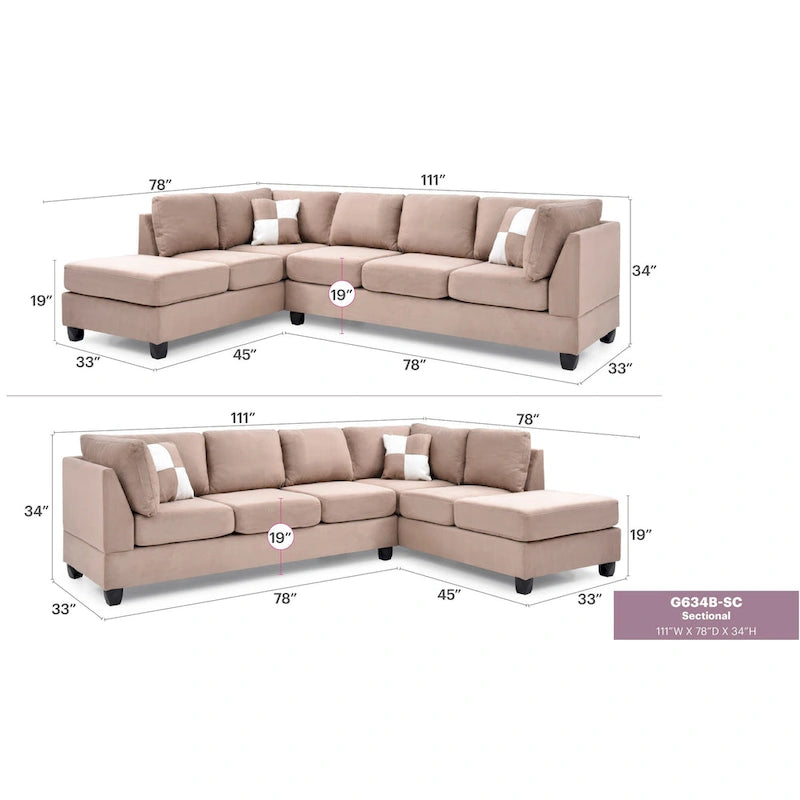 111 in. Suede 4-Seater Sectional Sofa with 2 Throw Pillows