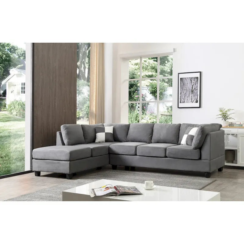 111 in. Suede 4-Seater Sectional Sofa with 2 Throw Pillows