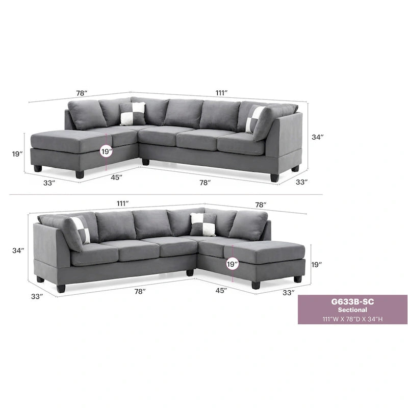 111 in. Suede 4-Seater Sectional Sofa with 2 Throw Pillows