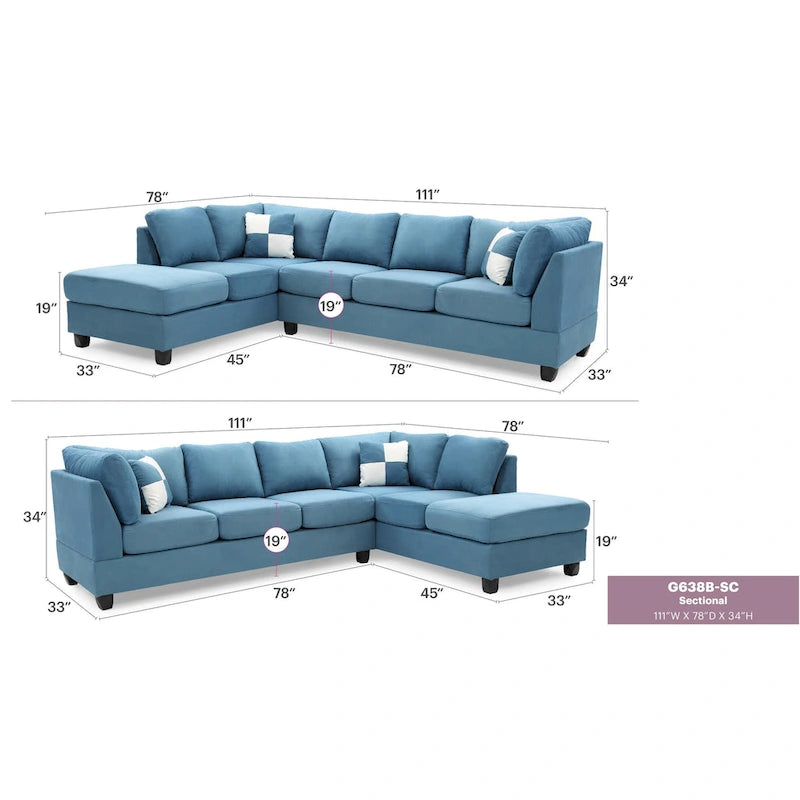 111 in. Suede 4-Seater Sectional Sofa with 2 Throw Pillows