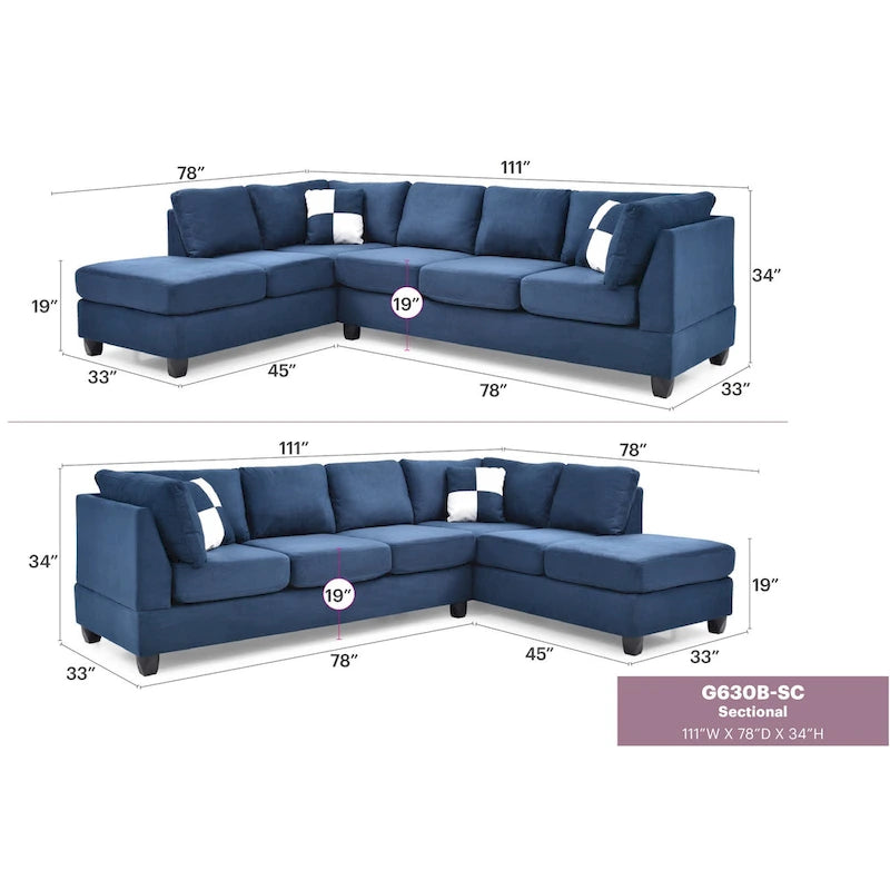 111 in. Suede 4-Seater Sectional Sofa with 2 Throw Pillows