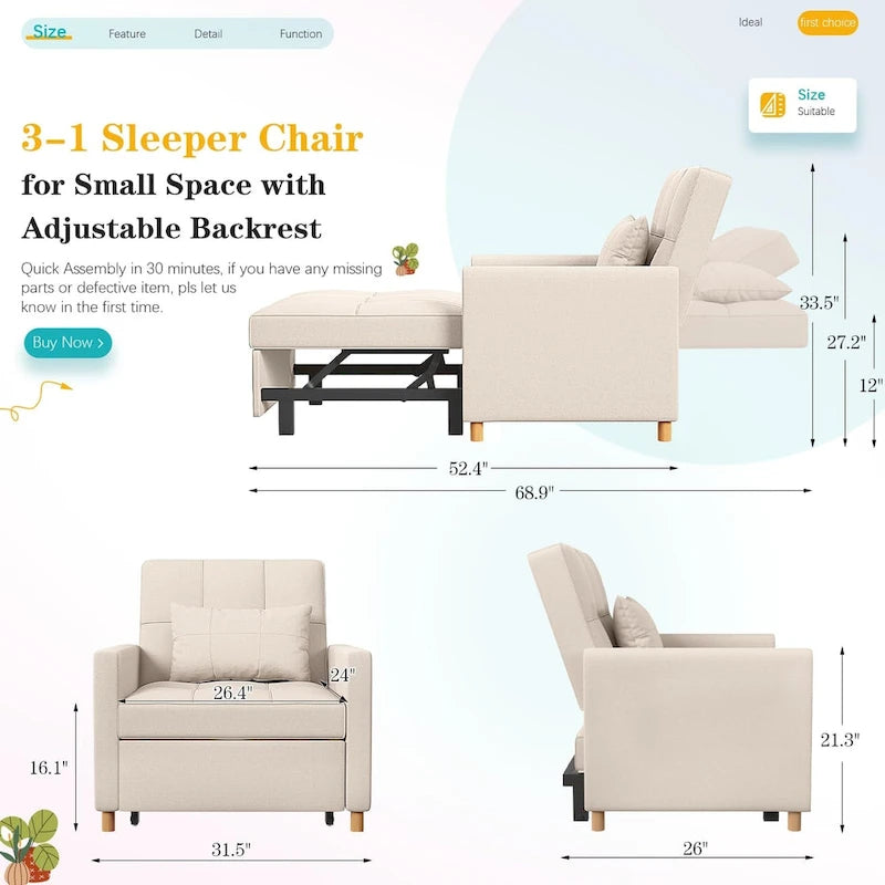 3 in 1 Sleeper Sofa Chair with Pillow & Convertible Backrest