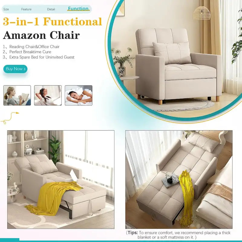 3 in 1 Sleeper Sofa Chair with Pillow & Convertible Backrest