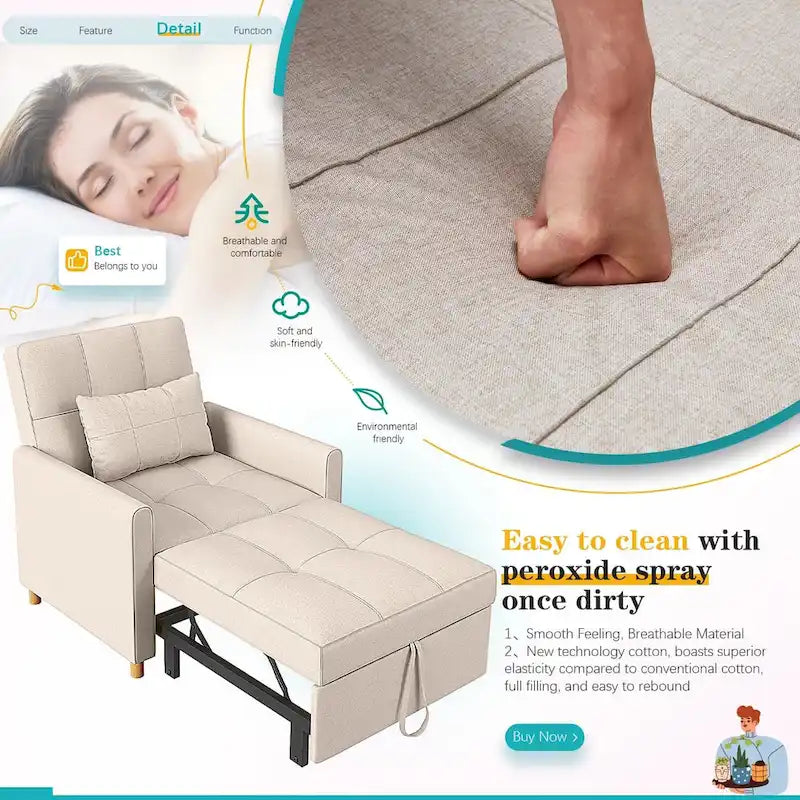 3 in 1 Sleeper Sofa Chair with Pillow & Convertible Backrest