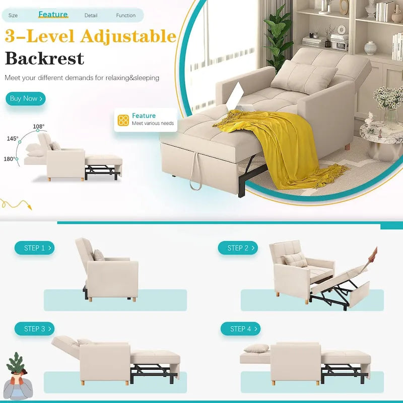 3 in 1 Sleeper Sofa Chair with Pillow & Convertible Backrest