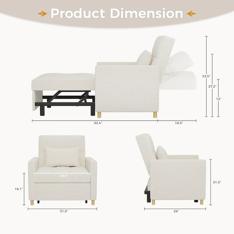 3 in 1 Sleeper Sofa Chair with Pillow & Convertible Backrest