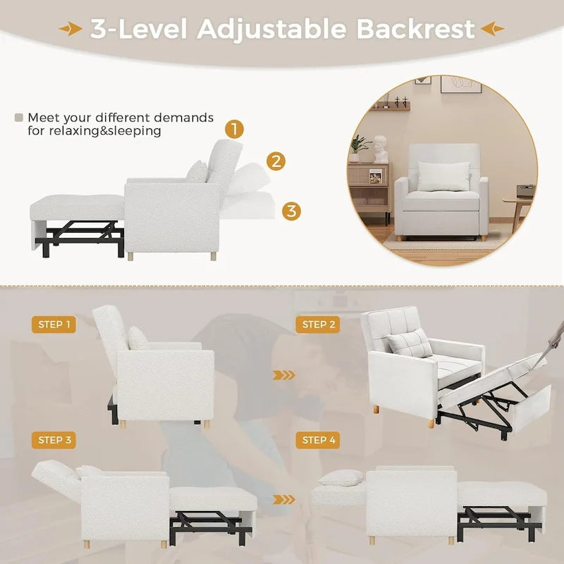3 in 1 Sleeper Sofa Chair with Pillow & Convertible Backrest
