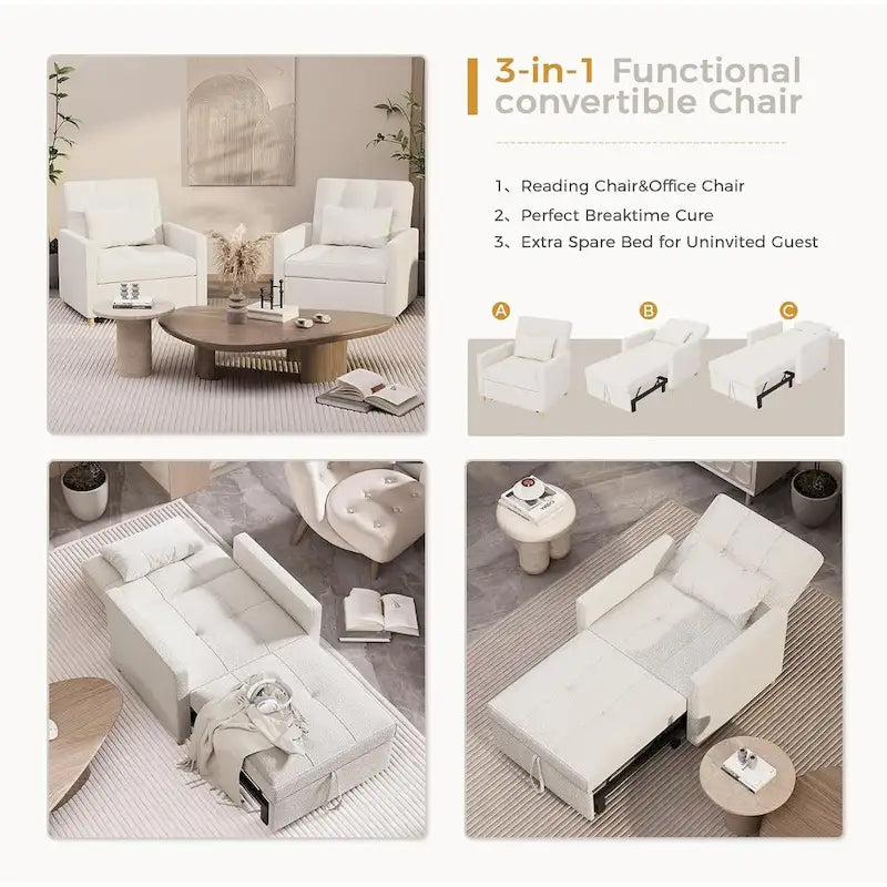 3 in 1 Sleeper Sofa Chair with Pillow & Convertible Backrest