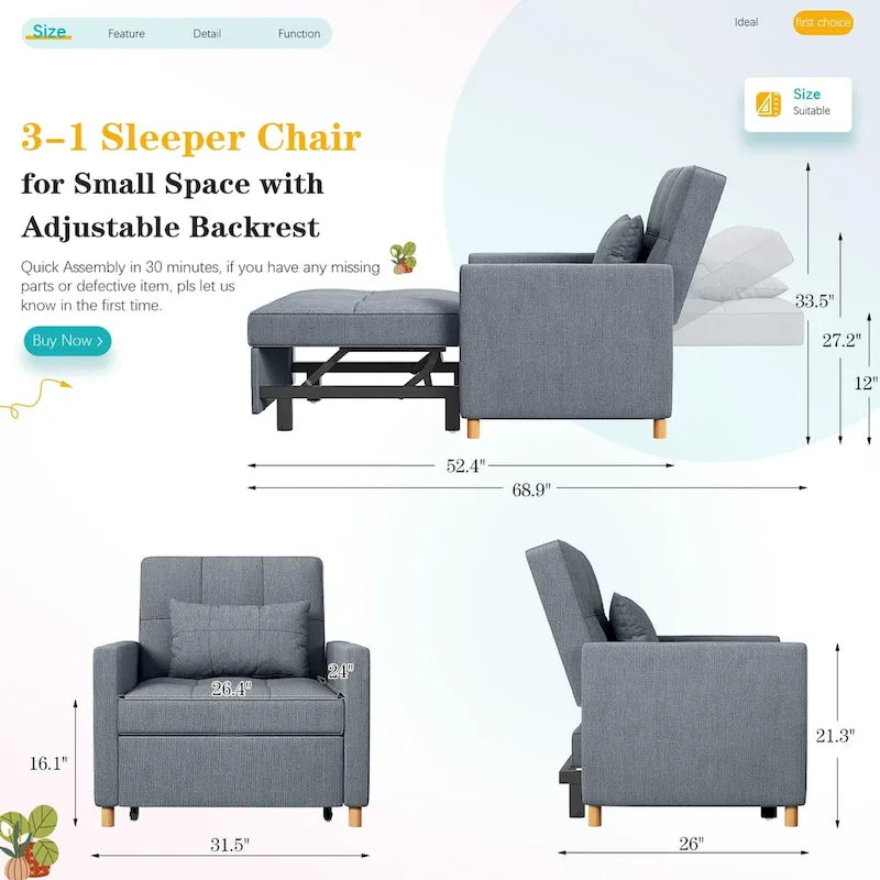 3 in 1 Sleeper Sofa Chair with Pillow & Convertible Backrest