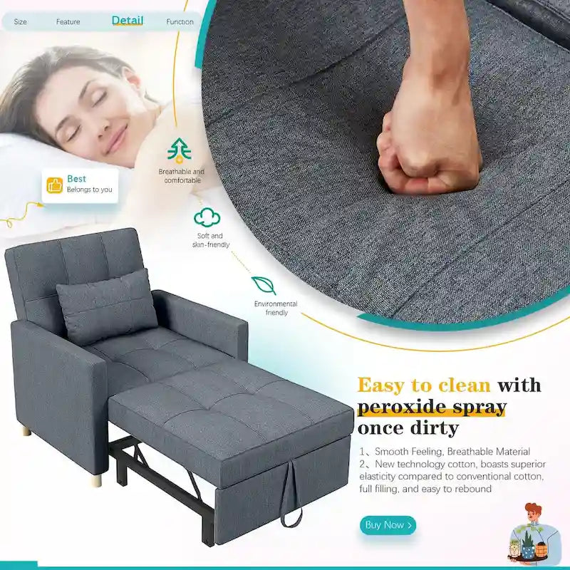 3 in 1 Sleeper Sofa Chair with Pillow & Convertible Backrest