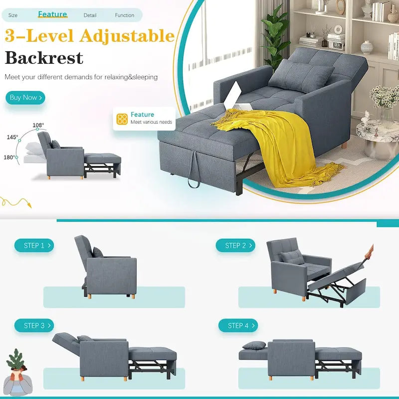 3 in 1 Sleeper Sofa Chair with Pillow & Convertible Backrest