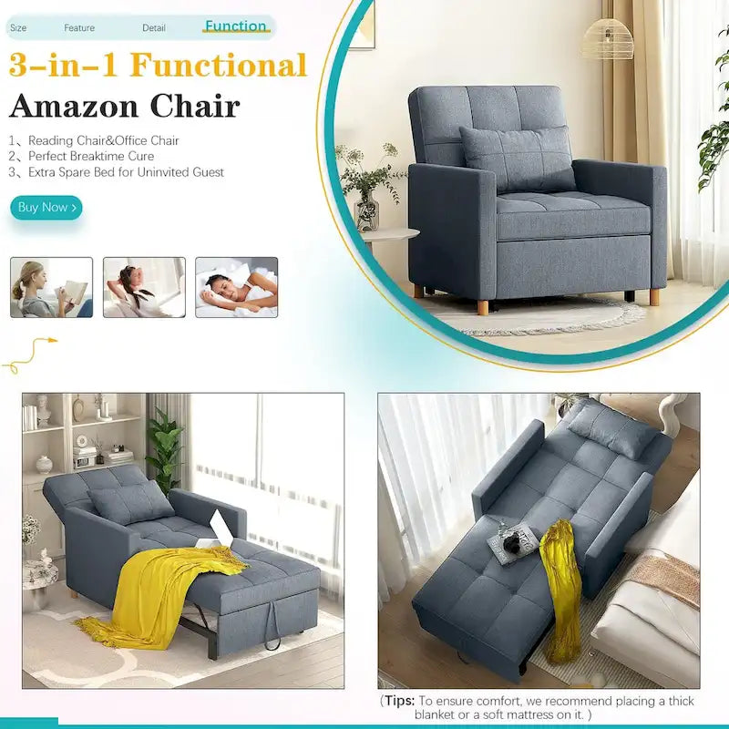 3 in 1 Sleeper Sofa Chair with Pillow & Convertible Backrest