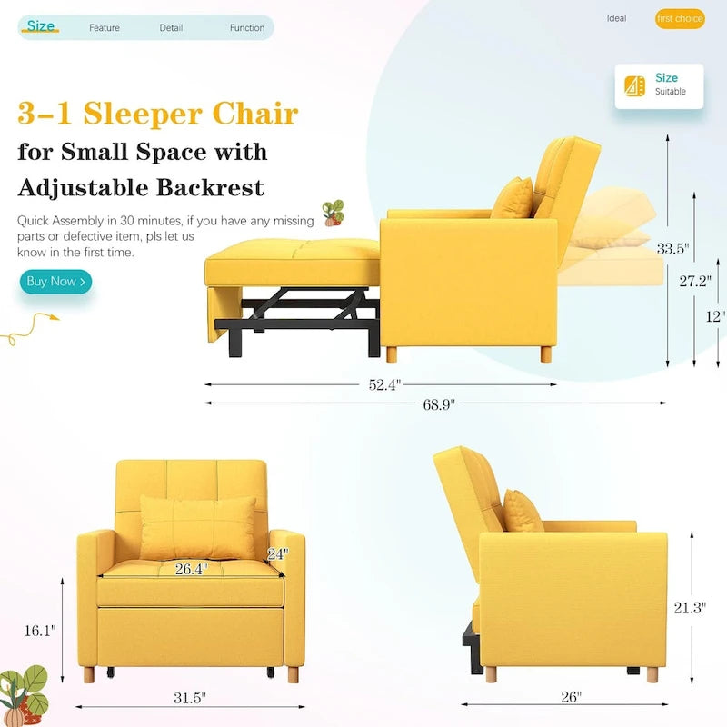 3 in 1 Sleeper Sofa Chair with Pillow & Convertible Backrest