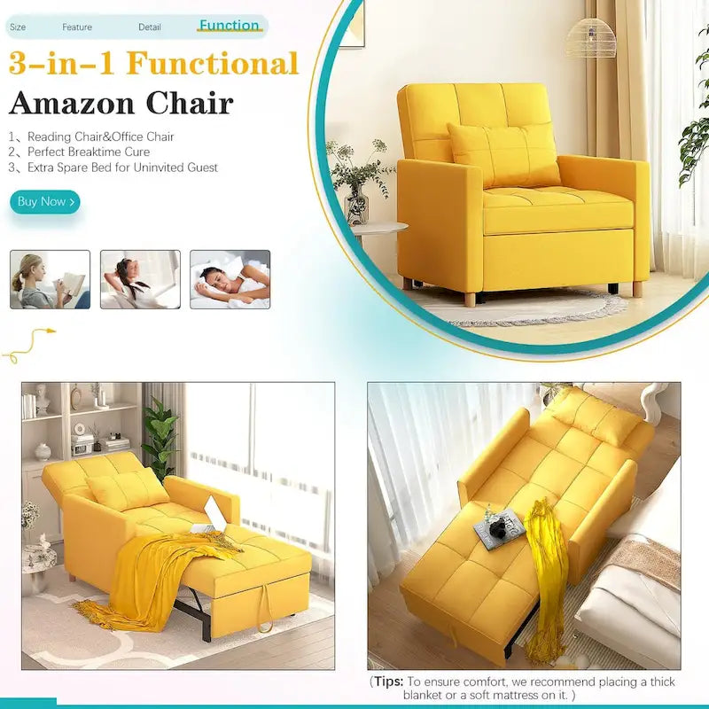 3 in 1 Sleeper Sofa Chair with Pillow & Convertible Backrest