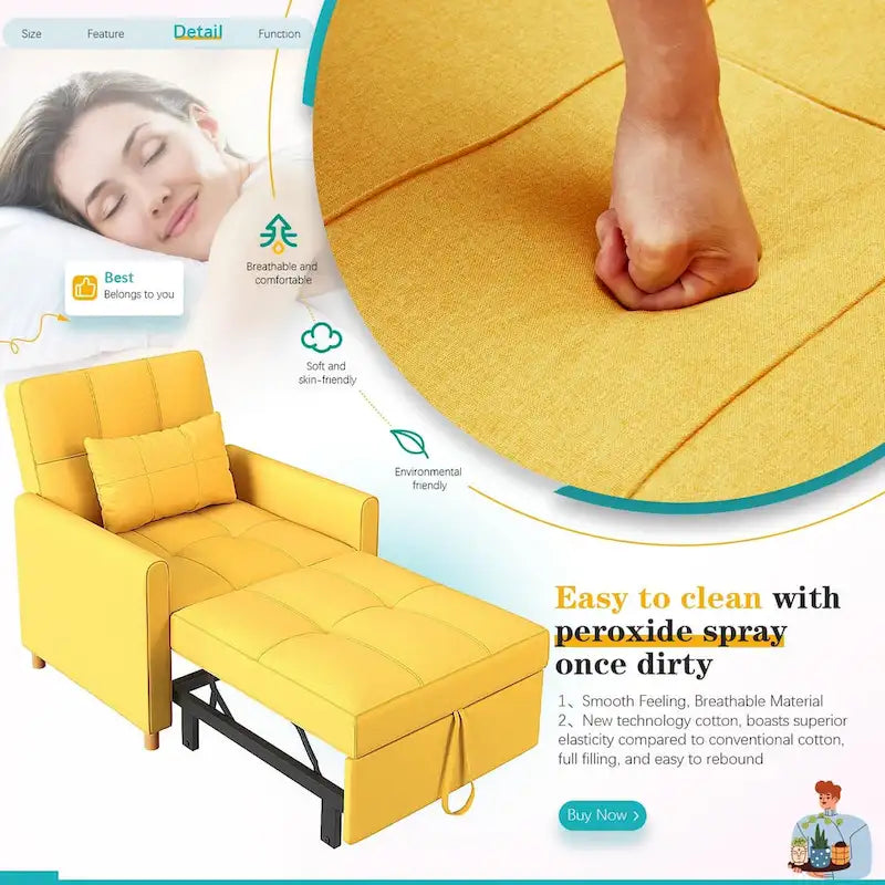 3 in 1 Sleeper Sofa Chair with Pillow & Convertible Backrest