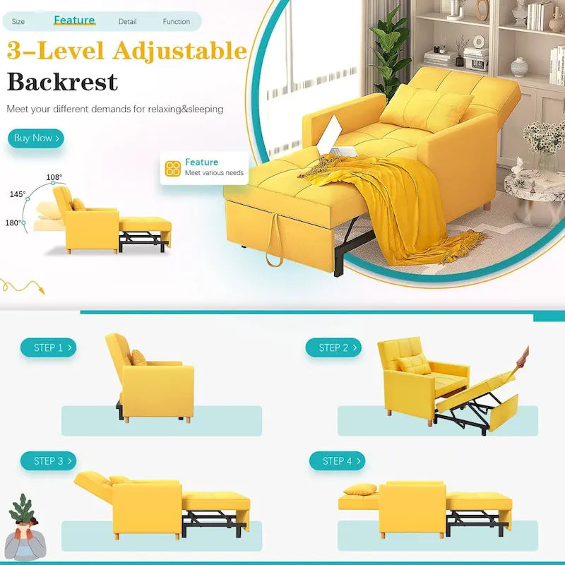 3 in 1 Sleeper Sofa Chair with Pillow & Convertible Backrest