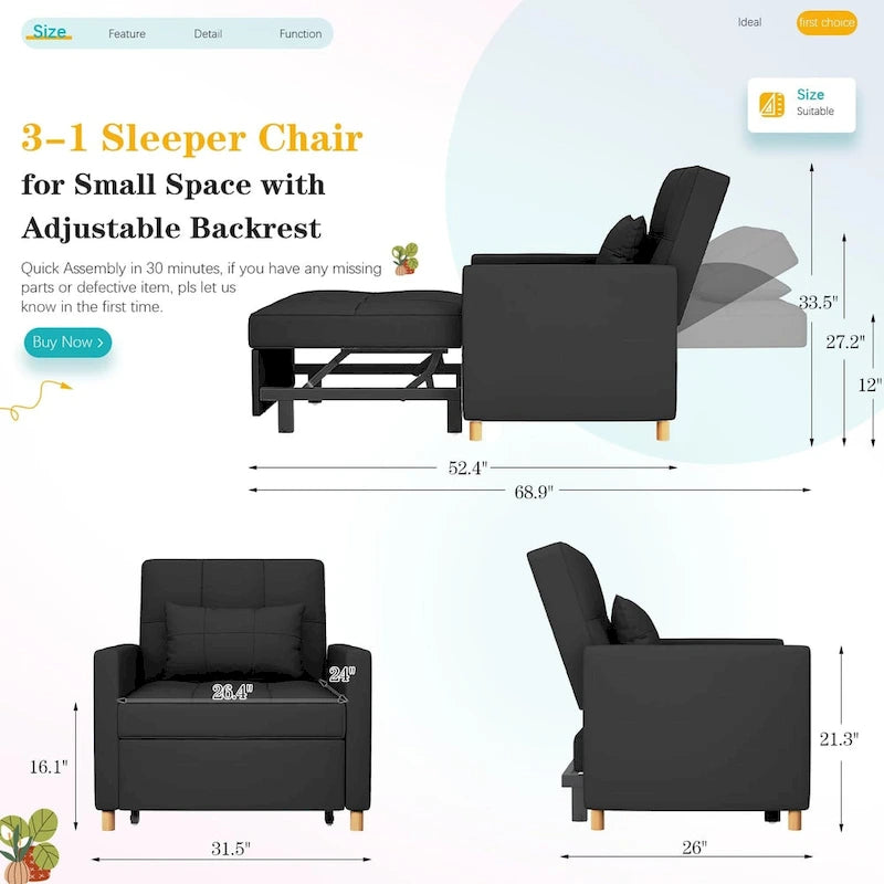 3 in 1 Sleeper Sofa Chair with Pillow & Convertible Backrest