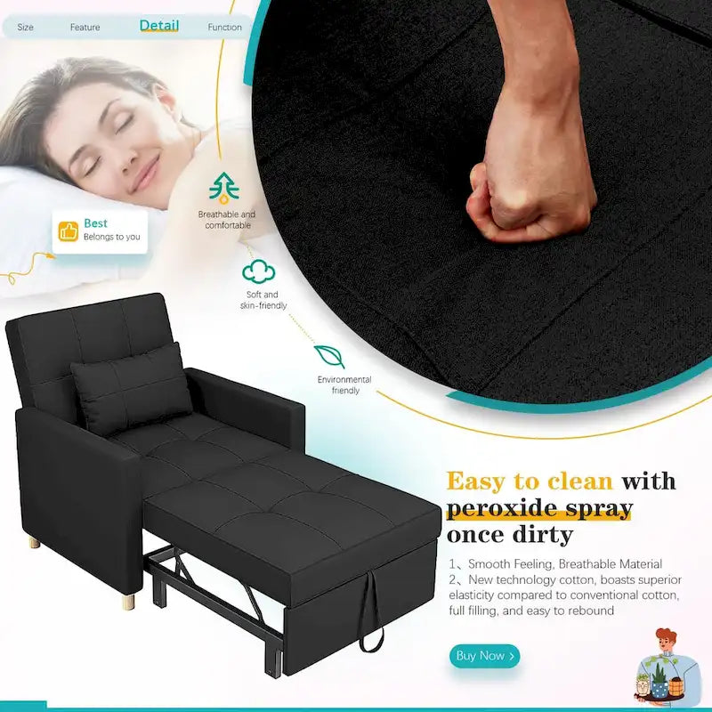 3 in 1 Sleeper Sofa Chair with Pillow & Convertible Backrest