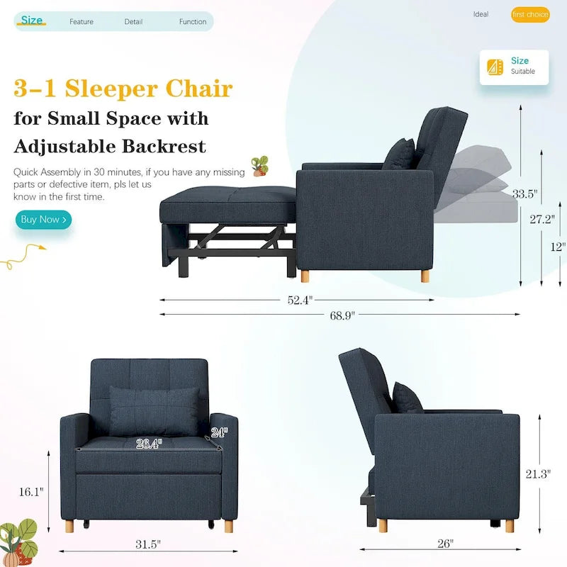 3 in 1 Sleeper Sofa Chair with Pillow & Convertible Backrest