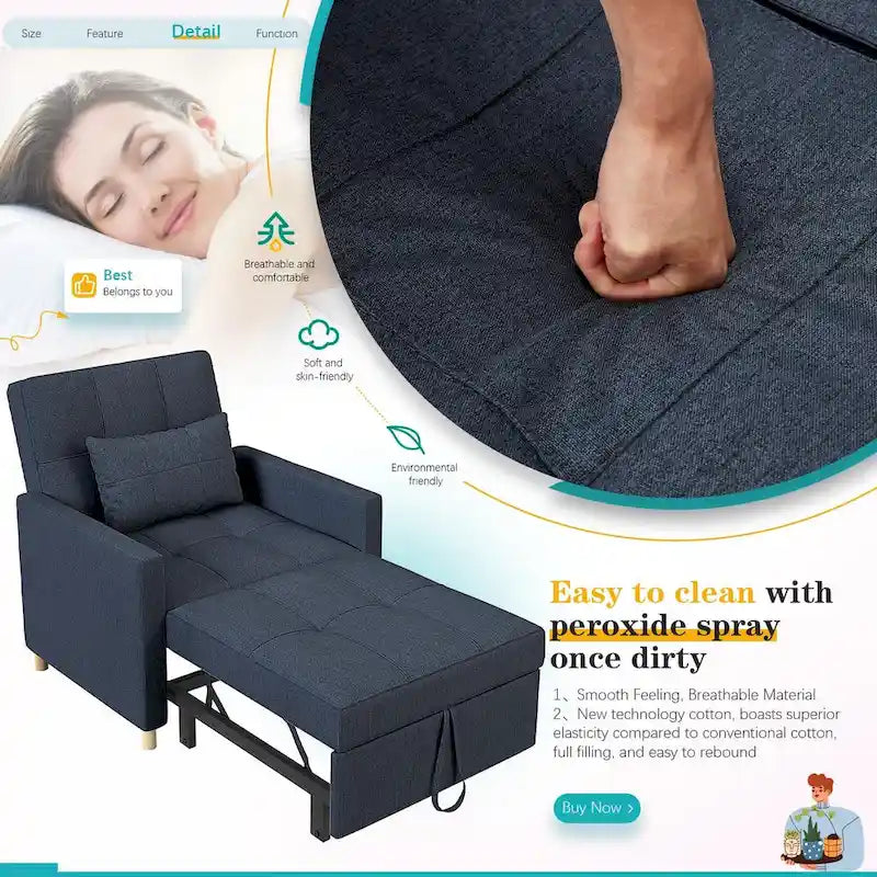 3 in 1 Sleeper Sofa Chair with Pillow & Convertible Backrest