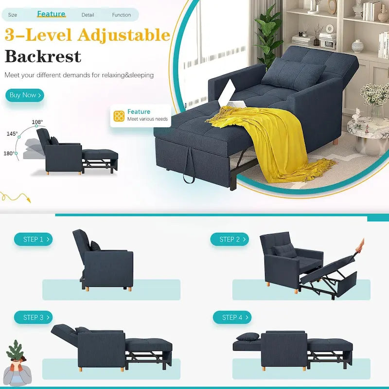 3 in 1 Sleeper Sofa Chair with Pillow & Convertible Backrest