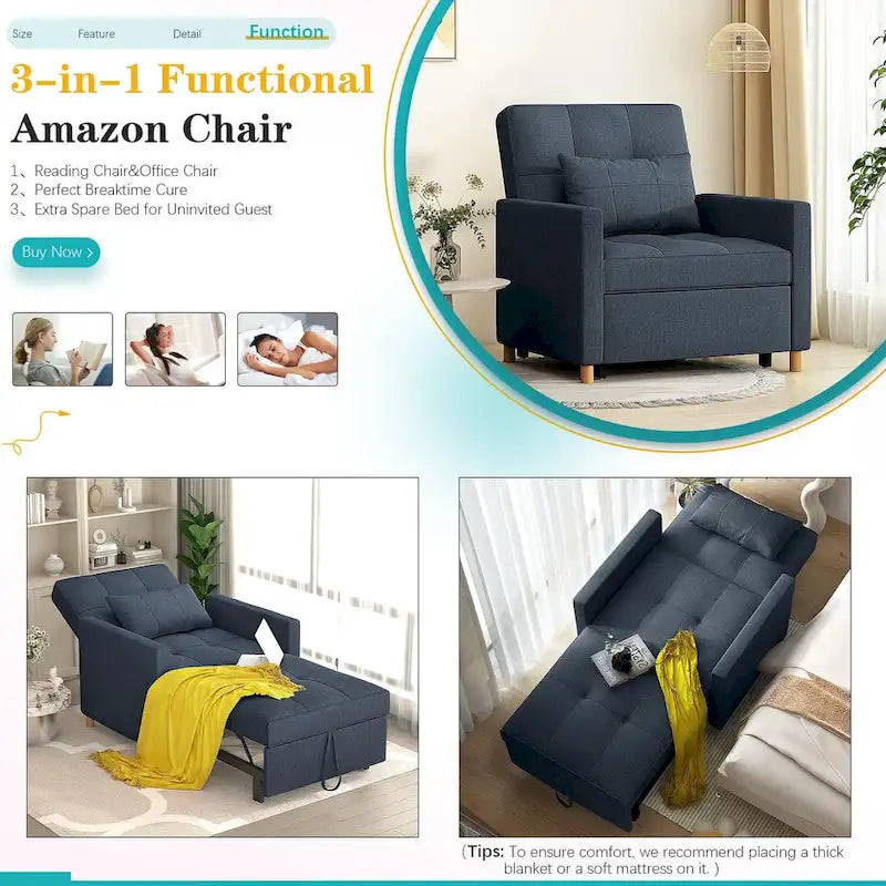 3 in 1 Sleeper Sofa Chair with Pillow & Convertible Backrest
