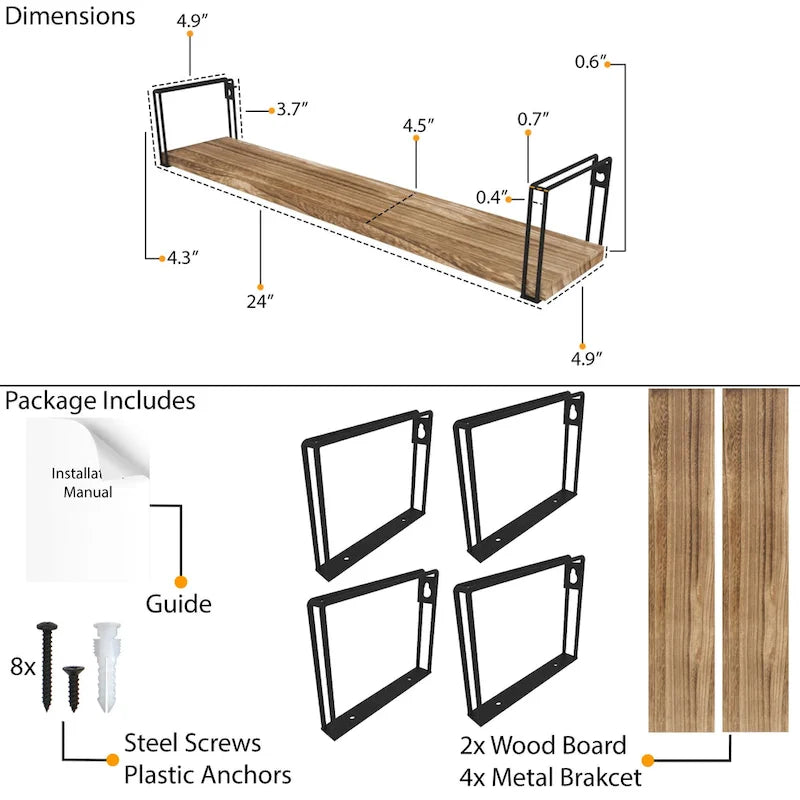 24x4.5 Kitchen Floating Wall Shelves, Natural Burned, Set of 4