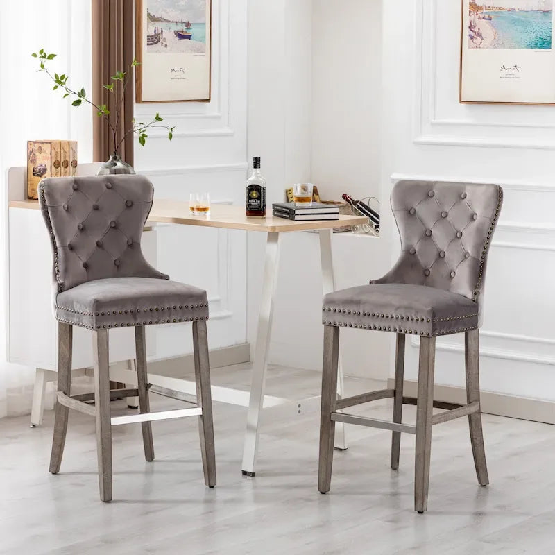 29" Wingback Tufted Nailhead Bar Stool (Set of 2), Antique Grey Legs
