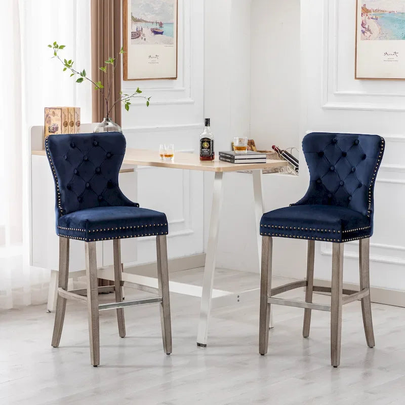 29" Wingback Tufted Nailhead Bar Stool (Set of 2), Antique Grey Legs