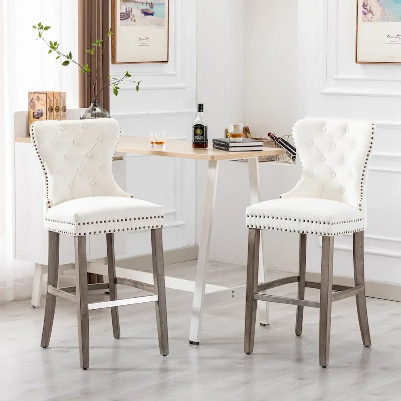 29" Wingback Tufted Nailhead Bar Stool (Set of 2), Antique Grey Legs
