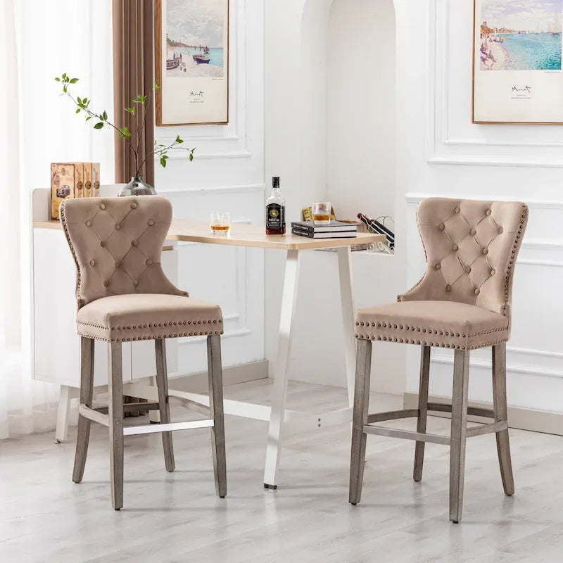29" Wingback Tufted Nailhead Bar Stool (Set of 2), Antique Grey Legs