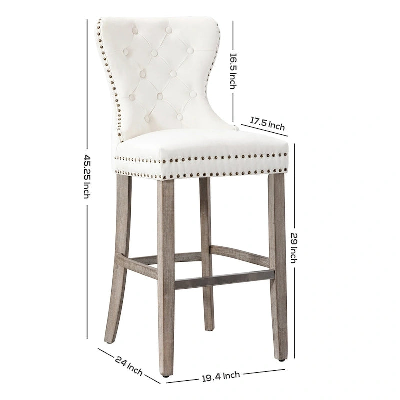 29" Wingback Tufted Nailhead Bar Stool (Set of 2), Antique Grey Legs