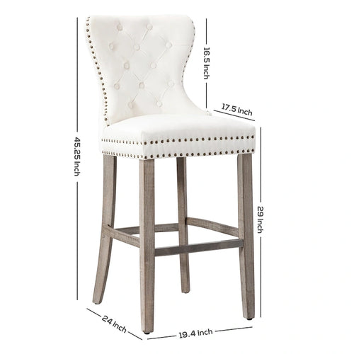 29" Wingback Tufted Nailhead Bar Stool (Set of 2), Antique Grey Legs