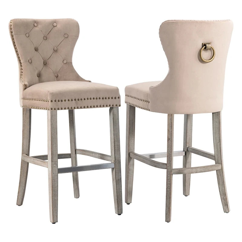 29" Wingback Tufted Nailhead Bar Stool (Set of 2), Antique Grey Legs
