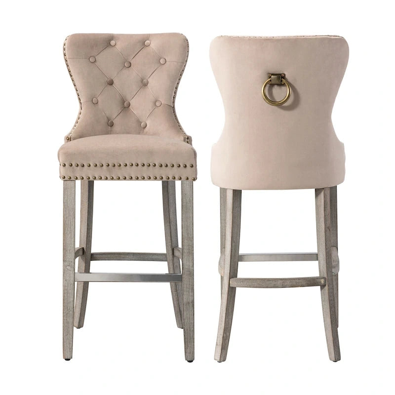 29" Wingback Tufted Nailhead Bar Stool (Set of 2), Antique Grey Legs