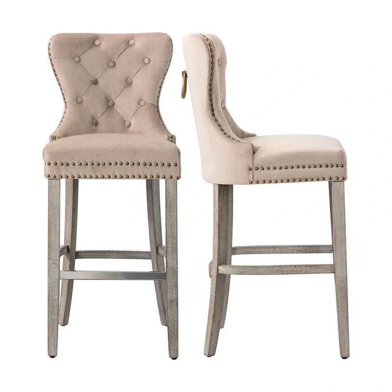 29" Wingback Tufted Nailhead Bar Stool (Set of 2), Antique Grey Legs