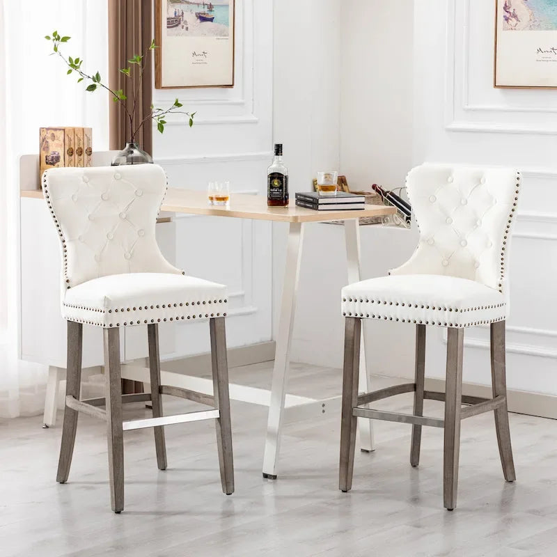 29" Wingback Tufted Nailhead Bar Stool (Set of 2), Antique Grey Legs