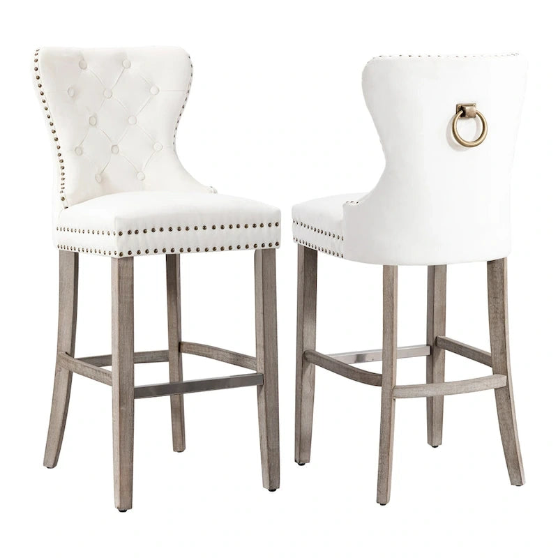29" Wingback Tufted Nailhead Bar Stool (Set of 2), Antique Grey Legs