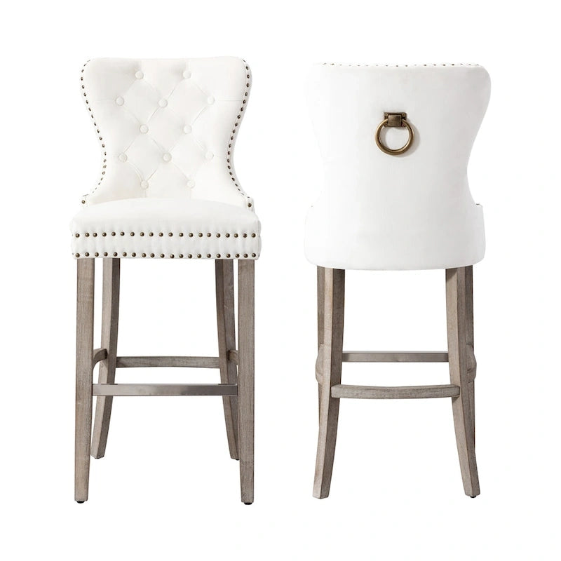 29" Wingback Tufted Nailhead Bar Stool (Set of 2), Antique Grey Legs