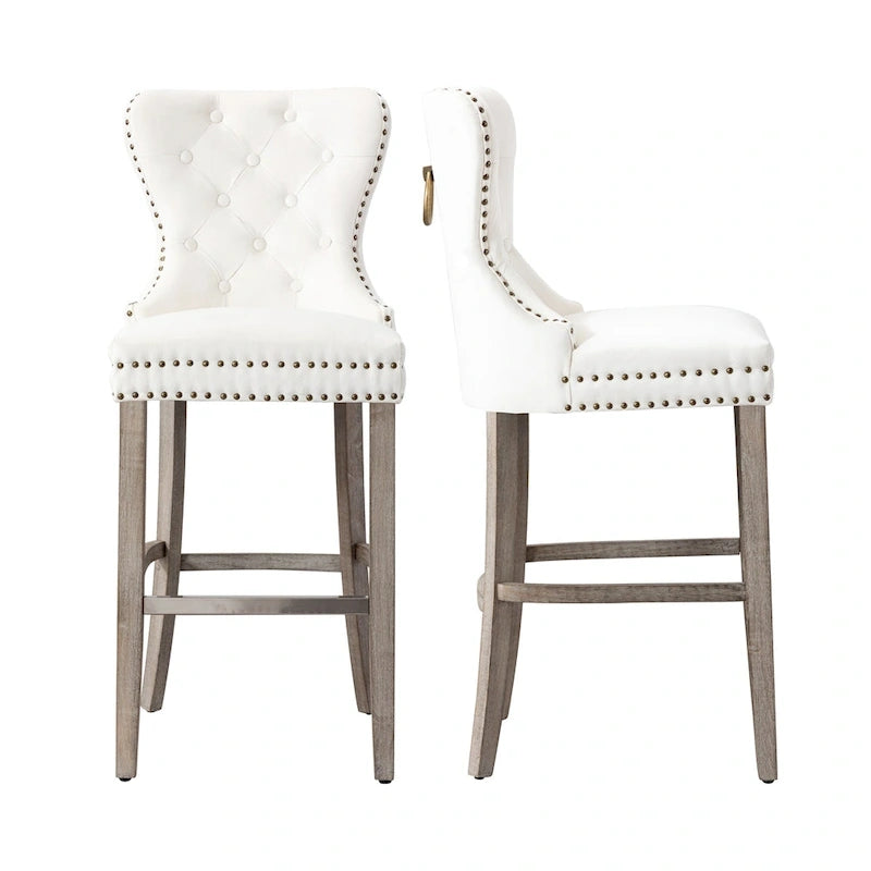 29" Wingback Tufted Nailhead Bar Stool (Set of 2), Antique Grey Legs