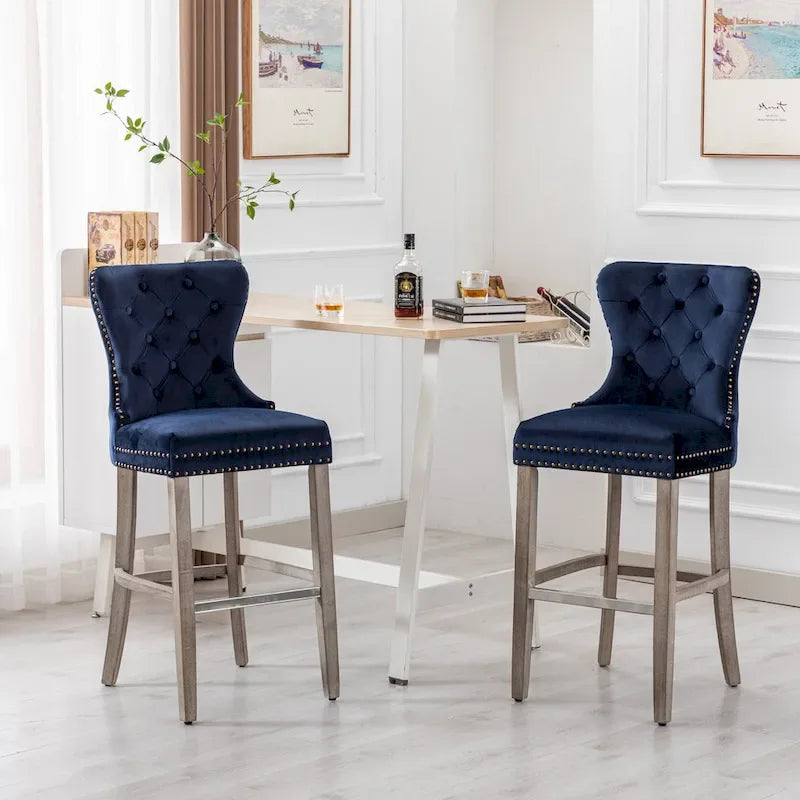 29" Wingback Tufted Nailhead Bar Stool (Set of 2), Antique Grey Legs