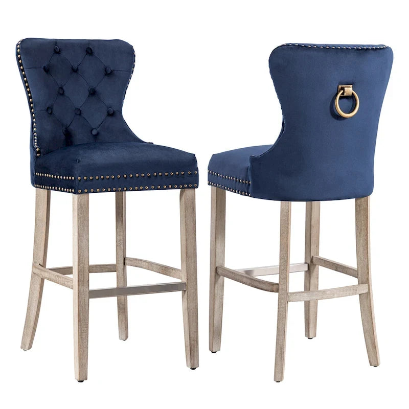 29" Wingback Tufted Nailhead Bar Stool (Set of 2), Antique Grey Legs