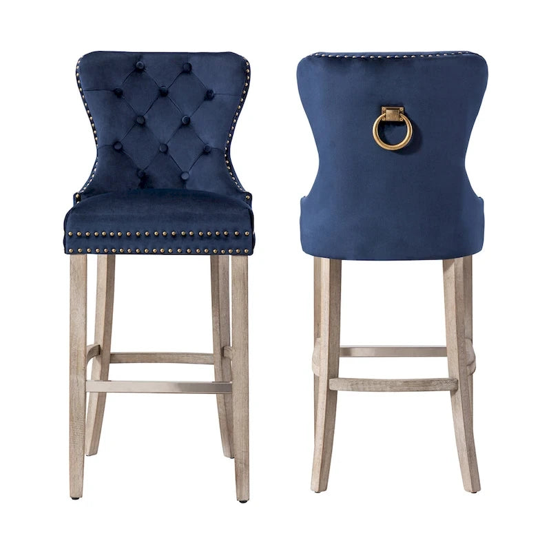 29" Wingback Tufted Nailhead Bar Stool (Set of 2), Antique Grey Legs