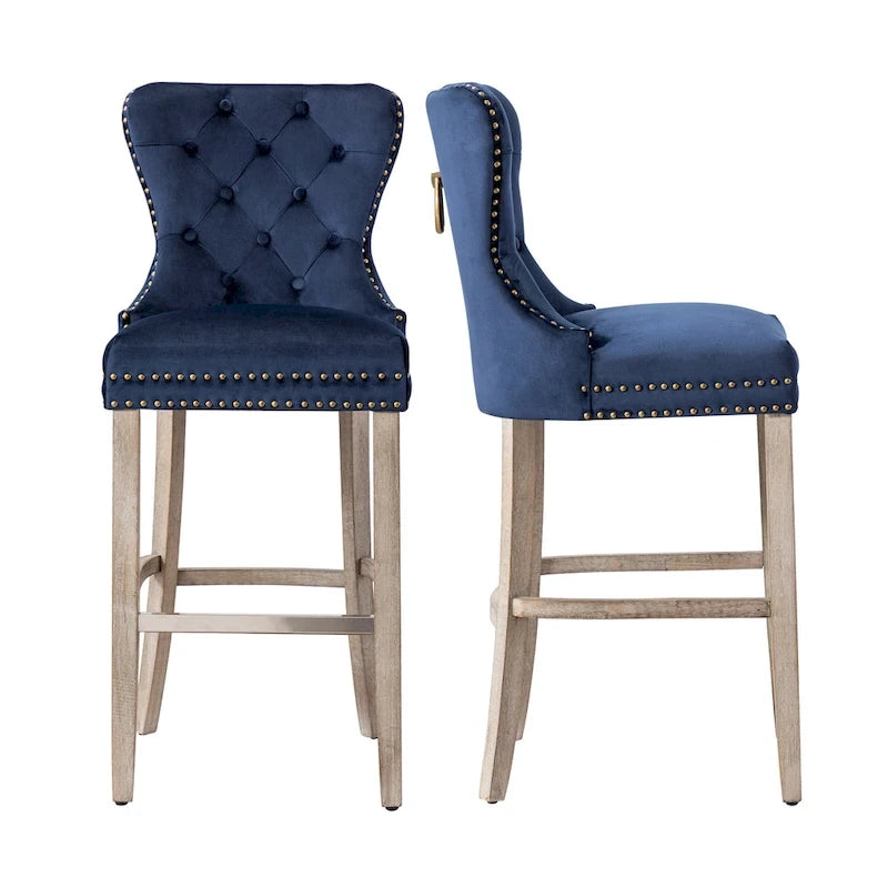29" Wingback Tufted Nailhead Bar Stool (Set of 2), Antique Grey Legs